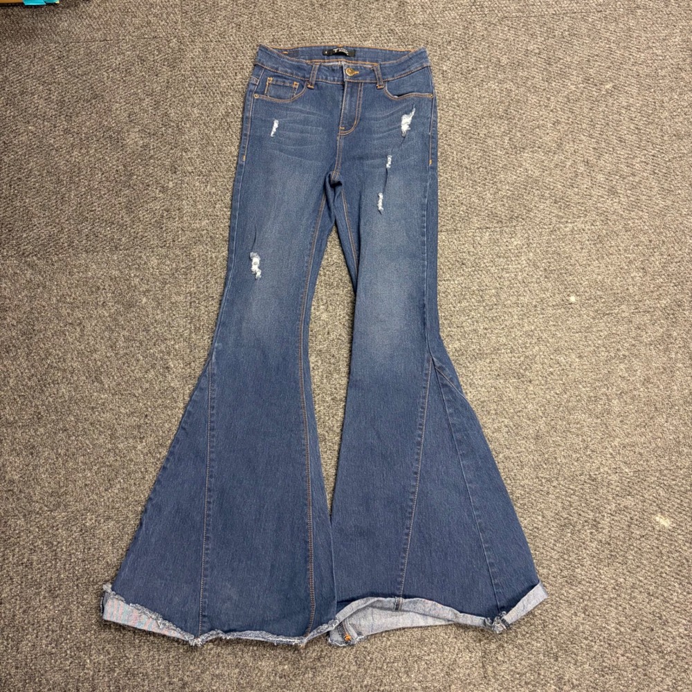 Lucky & Blessed Distressed Flare Jeans Medium Wash Bell Bottoms L18018-DW Size 4